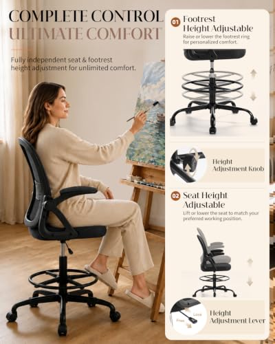 Image of Drafting Chair with Tall Office Chair for Standing Desk | Flip-up Armrests, Adjustable Lumbar Support, Height‑Adjustable Footrest Ring & Seat, Ergonomic Tall Desk Chair