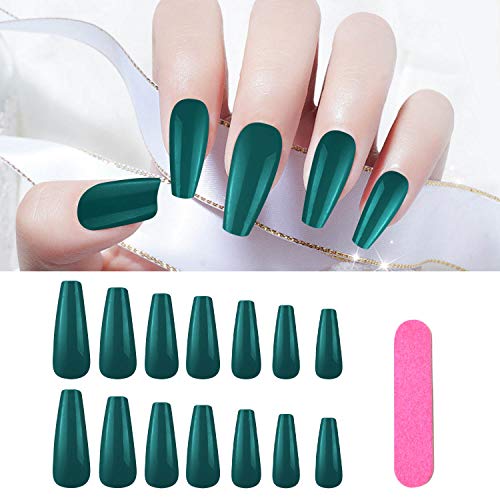 100 Pcs Long Acrylic Coffin Press On Nails, Solid Color Full Cover False Nail Art Tips, Ballerina UV Fake Nails With Adhesive Tabs For Women, Nail Salon-Emerald