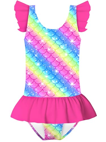 Image of Toddler Girls One Piece Ruffle Swimsuit Mermaid Bathing Suit 2-7Y | UPF 50+ quick-dry girls swimsuit,Cute flutter sleeves and ruffled hem,Mermaid Swimwear for pool,party,beach vacation.
