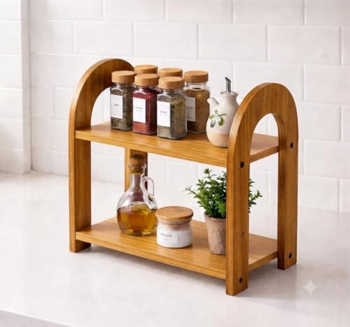 Image of 2-Tier Spice Rack, 13.8 Inch Wood Step Shelf Countertop Spice Storage Holder, Kitchen Pantry Cabinet Organizer Cupboard for Spice Bottles, Jars, Seasonings, Baking Supplies, (Brown, Oval)