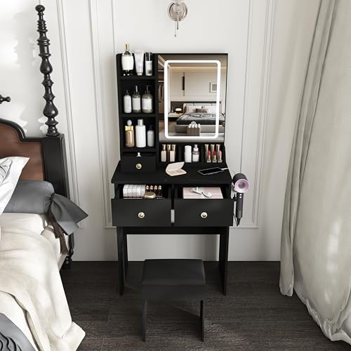Montary Small Black Vanity Desk Featuring 3 Modes of LED Lighting Mirror Adjustable Brightness Makeup Desk with 3 Drawers Multiple Open Storage Shelves Hair Dryer Holder Power Socket and Chair