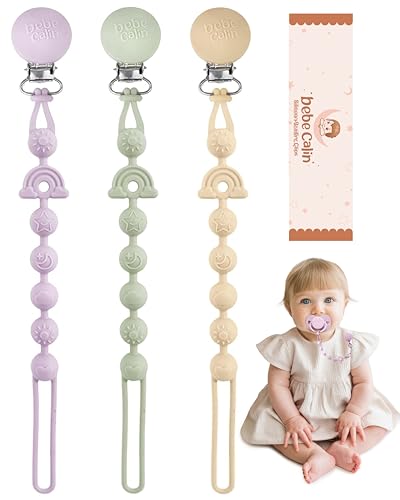 BebeCalin - Lote de 3 sujetadores para chupete de silicona, para bebés y niñas, con clip de cadena, mantiene el chupete limpio, suave y flexible (verde + albaricoque + púrpura)