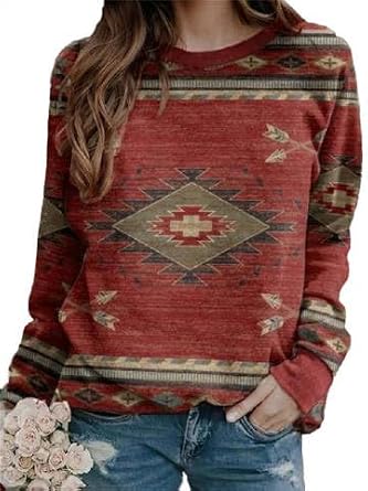 IVERIRMIN Boho Oversized Crewneck Sweatshirts Lightweight Fleece Long Sleeve Shirts Aztec Pullover Tops Plus Size Sweatshirt