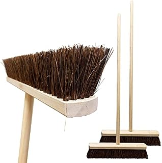 18 Stiff Broom Outdoor Heavy Duty with Wooden Handle Natural Bassine Hard Bristle Yard Brush Factory Warehouse Floors Commercial and Industrial Broom Strong Wooden Brush (Pack of 2)
