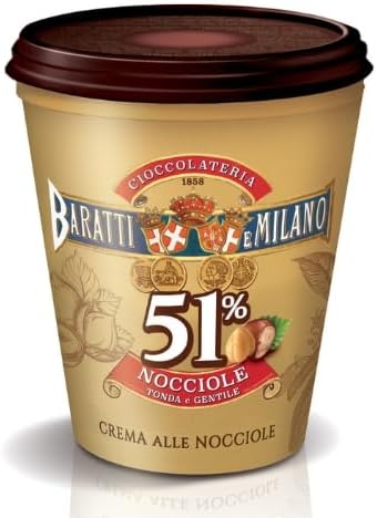 Premium Hazelnut Chocolate Spread Cream BARATTI 200g | 51% Hazelnuts |Baratti & Milano Premium Historical Italian Brand in Torino, Piedmont | Gluten Free