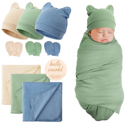 Image of BQUBO 3 Sets Cotton Baby Swaddle Blankets Swaddling Wrap with Hats Mittens Newborn Soft Silky Nursery Receiving Blanket Cute Bear Ears Hat Elastic Gloves Set for Unisex Baby 0-3 Months