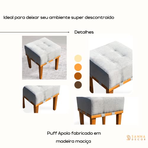 Puff Banqueta Banco Baixo Quadrado Madeira Maciça Para Sala 45 Cm Em (Linho Cinza Claro)