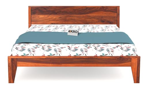 Image of Sheesham Wood Queen Size Bed Without Storage Solid Wood Cot Palang Furniture Wooden Double Bed for Bedroom Living Room (Honey Finish)