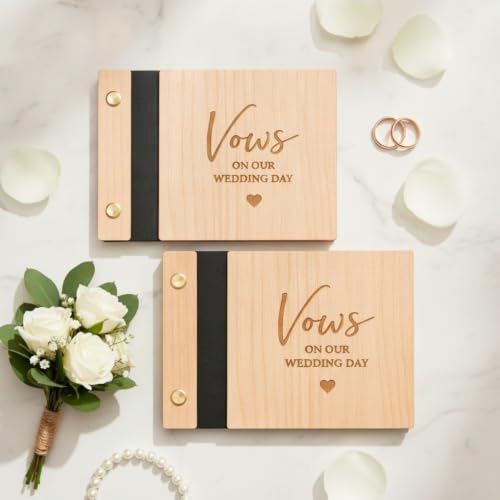 Marspark 2 Set Wooden Wedding Vow Books, His and Hers Wedding Vow Book 4 x 5 Inch Registry Gift Decor for Bride and Groom, Booklet Engraved Wood Cover Guest Ceremony Keepsake Writing Journal, 40 Page
