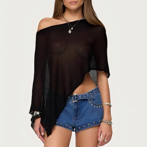Women Y2k Sheer Poncho Top Lightweight Mesh Knit Shawl Asymmetrical Cover Up Shrug Loose Beach See Through Sweater3