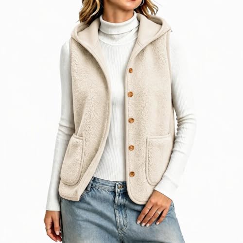Womens Sherpa Fleece Vest Hooded Button Front Pockets Casual Fall Layering - image 4