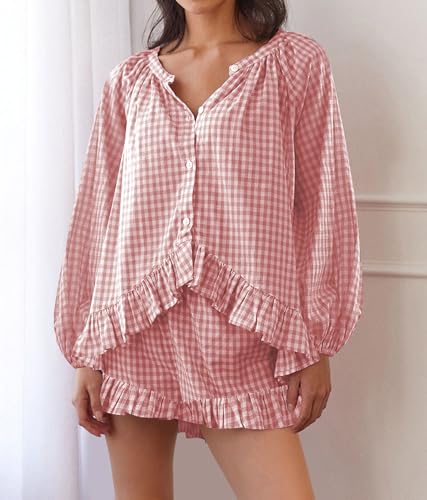 Image of Tsultryofs Women 2 Piece Gingham Pajama Sets Puff Sleeve Button Down Peplum Tops and Y2k Ruffle Lounge Shorts Sleepwear (Pink, S)