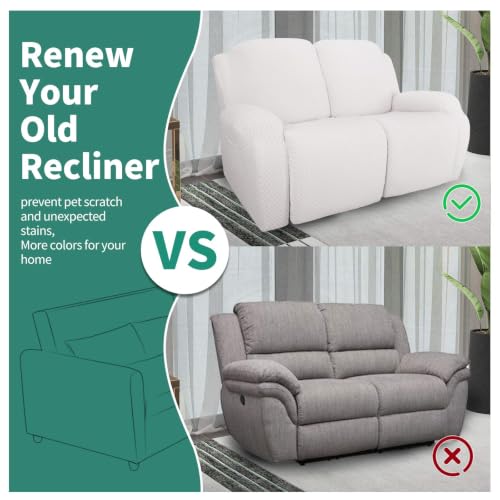 Image of YEMYHOM 6 Pieces Stretch Loveseat Recliner Slipcover Jacquard Recliner Sofa Cover with Side Pocket Fitted Recliner Cover Couch Furniture Protector with Elastic Bottom (Loveseat Recliner, White)