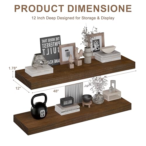 Image of 48 Inch Floating Shelves, Set of 2 Deep Floating Shelves 12in Depth, Floating Shelves Long Heavy Duty Wood Shelves for Wall, Solid Wood Walnut Finish