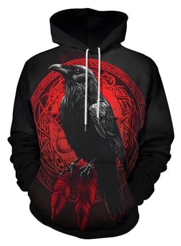 ENLACHIC Herren Wikinger Totem Hoodie 3D Digitaldruck Langarm Pullover Sweatshirt Hoodies, Viking Raven Red, X-Large ENLACHIC Herren Wikinger Totem Hoodie 3D Digitaldruck Langarm Pullover Sweatshirt Hoodies, Viking Raven Red, X-Large