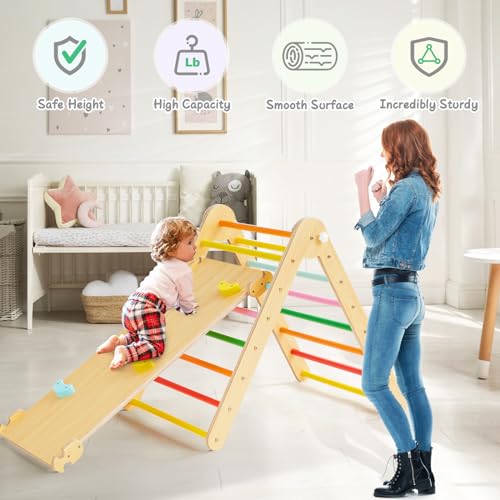 Beright 4 in 1 Pikler Triangle Set Upgraded, Foldable Toddler Climbing Toys Indoor Playground, Montessori Learning Toys, Kids Indoor Gym with with Arch, Ramp, Learning Waldorf Toy, Rainbow - Thumbnail 6