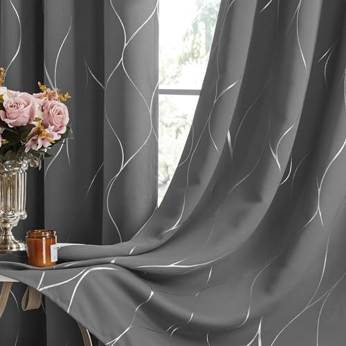 Deconovo Blackout Curtains 63 Length, Wave Foil Print Pattern Thermal Insulated Window Panels, Energy Saving Drapes for Boys' Room (52W x 63L Inch, 2 Panels, Light Grey) by Deconovo - Image 7