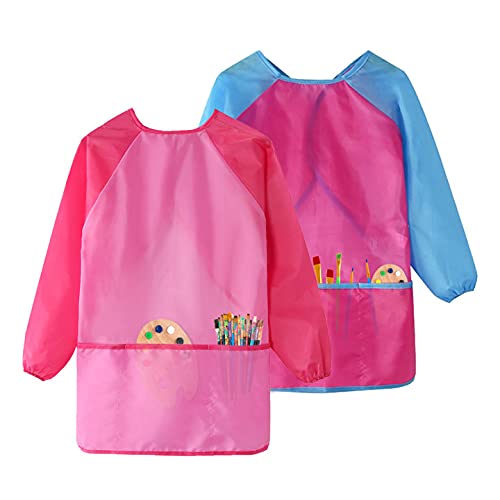 GODR7OY Kids Art Smocks, Painting Apron Artist Smock with Sleeve and 3 Pockets 2 Pack Black/White Set