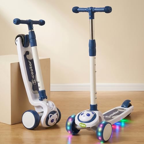 Image of Baybee Bambo Skate Scooter for Kids | 3 Wheel Kick Scooter with LED Wheels & Deck Lights with Music | 3 Height Adjustable Handle & Brake | Foldable Scooter for Kids 2 to 10 Years (Sky Blue)