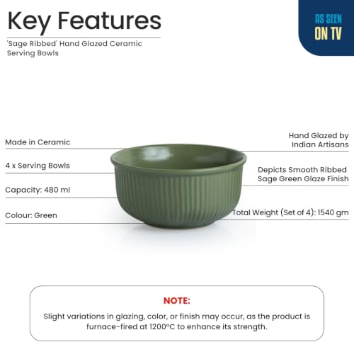 Image of ExclusiveLane 'Sage Ribbed' Hand Glazed Ceramic Bowls for Serving Bowl Set (Set of 4, 480 ml, Microwave Safe, Dishwasher Safe, Green) | Kitchen Bowl Ceramic Serving Bowls for Snacks Serveware