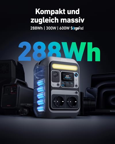 Anker SOLIX C300 Tragbare Powerstation, 288Wh LiFePO4 Akku, 300W (Max 600W) Solargenerator, 140W Beiseitige Schnellladeleistung, Für Camping, Draußen, Reisen, Notfälle,…