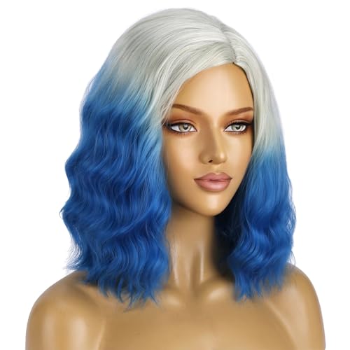 Image of BERON Women Platinum Ombre Blue Wigs Short Curly Wave Wigs Side Part Shoulder Length Wavy Heat Resistant Synthetic Wig Cosplay Costume Party and Daily