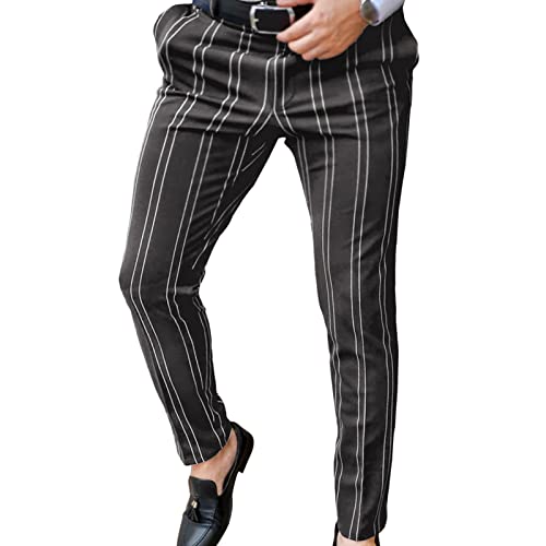 JEsilunmaMY Men’s Striped Lounge Pants Casual Mid Waist Skinny Pencil Pants with Pockets Slim Fit Stretch Tapered Trousers