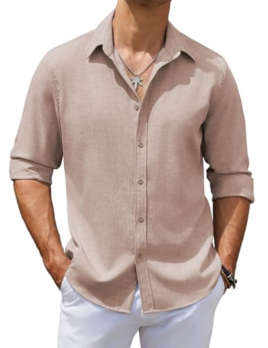 COOFANDY Men's Long Sleeve Button Down Linen Shirt Casual Untucked Chambray Shirt Wrinkle Free Wedding Shirts