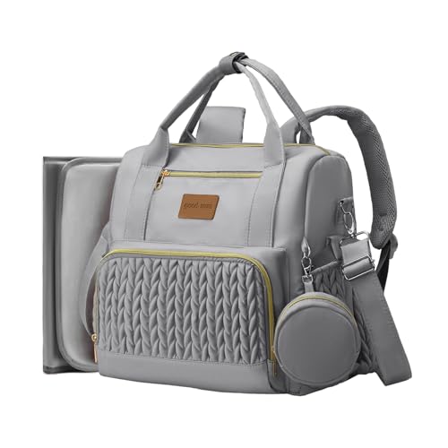 Stylish gray diaper bag backpack with multiple pockets, waterproof material, and a detachable insulated bottle holder, ideal for tech-savvy parents on the go.