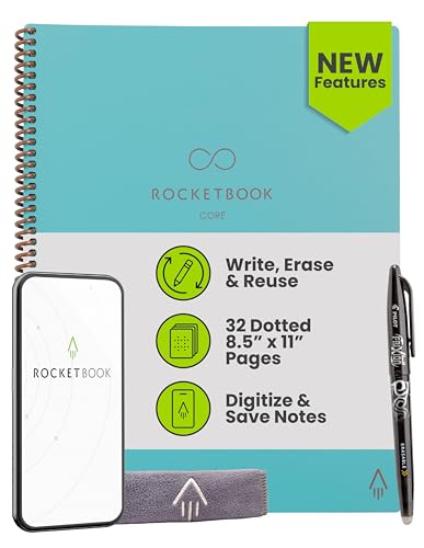 Rocketbook New Core Reusable Spiral Notebook, Letter Size 8.5x11, Teal - Dotted Pages, App-Connected, Erasable, Durable Cover, Ideal for School, Work, and Creative Projects