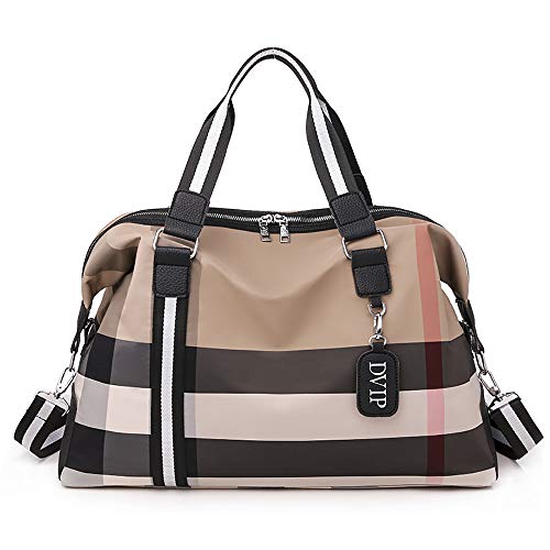 Eco Memos Bolsas de Viaje Bolsa de Fin de Semana con Bolsillo Mojado - Bolsa de Lona a Cuadros para Mujeres y Hombres Equipaje Gimnasio Deportes Viaje Fácil (Caqui) Cover