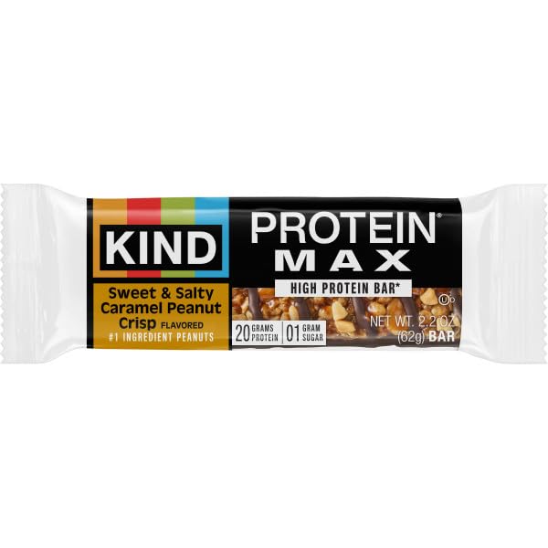 Image of KIND Protein MAX Bars, Sweet & Salty Caramel Peanut Crisp, Gluten Free, Low Sugar, High Fiber Snacks, 20g Protein, 24 Count