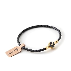 BLKSMTH Braided Leather Bracelet with Four-Leaf Clover Charm, Black and Gold, Adjustable Clasp
