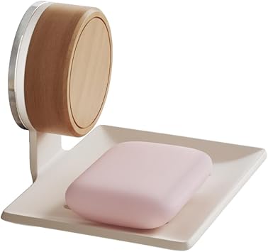 Soap Dish, Walnut and Stainless Steel, Soap Bar Holder for Shower Suction Cup Wall Mounted, No-Drilling Waterproof Sponge Holder (White)