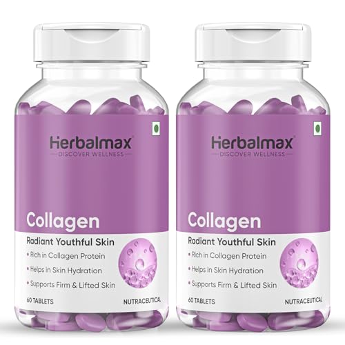 Herbal Max Collagen Supplements – 120N (2×60 Tablets) | 800 mg Type 1 2 3 Collagen Supplement Veg Tablets with Biotin & L-Glutathione | Daily Use Formula for Skin Hair Nails Joints & Bones