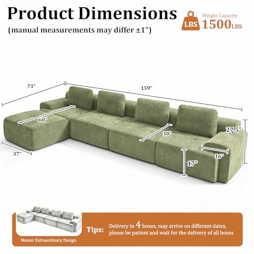 Image of 159 inch L-Shaped Modular Sectional Sofa, Oversized Boneless Cloud Couch for Living Room with Extra Deep Seat & High Back, Tool-Free No Assembly, Soft Chenille (Olive Green, 159 inch-L Shaped（4+1）)