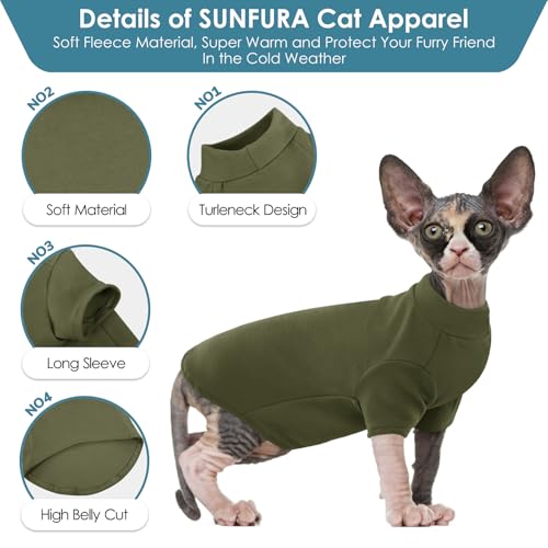 SUNFURA Turtleneck Sweater for Cat, Sphynx Cats Shirt Hairless Cat Sweaters with Sleeves, Warm and Soft Kitten Pullover Fleece Winter Pajamas Jumpsuit for Puppy Cats, ArmyGreen M - Image 4