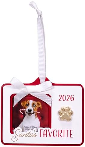 Malden International Designs 2.5x2.5 Santa’s Favorite 2026 Pet Themed Christmas Photo Ornament Red White MDF Wood with Die-cast Gold-finished Metal Paw Print Attachment Red Ribbon Bow Hanger image 5