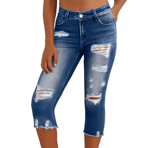 Womens Capri Jeans Comfy Wide Leg Sweatpants Ripped Mid Rise Skinny Jeans Straight Leg Sexy Stretch Denim Capris4