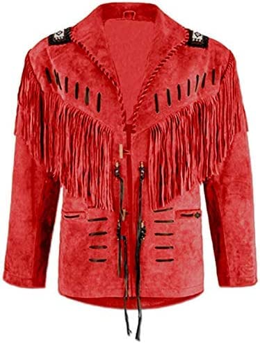 Image of Mens Traditional Western Cowboy Suede Leather Jacket | Classic Native American jacket Coat with Beaded Fringed