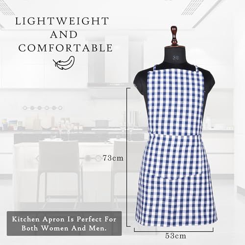 Image of Kuber Industries Kitchen Apron Set of 2 - Restaurant, Chef, Cooking Dress for Women and Men - Front Pocket, Mota Check Pattern, Blue