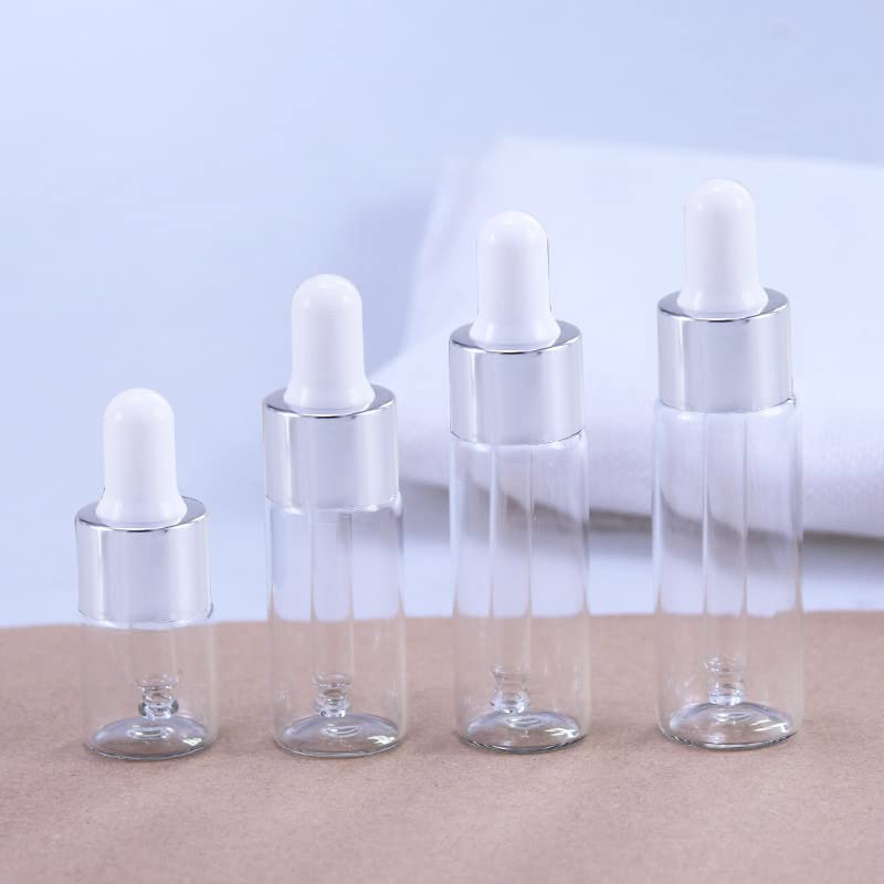 50pcs / lot Frasco cuentagotas de vidrio transparente Aromaterapia Tapa de metal líquido Suero / Pipeta de aceite de masaje básico esencial Botella recargable-5ml, Oro con blanco