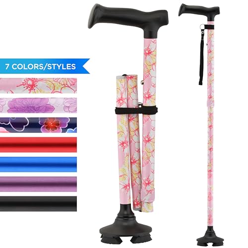 NOVA Foldable Quad Cane for Seniors, Self Standing Adjustable Walking Cane with Pivoting Quad Tip, Lightweight Collapsible Mobility Aid, Bonus Carry Pouch & Replacement Tips, Pink Floral by nova - Used condition - Image 5