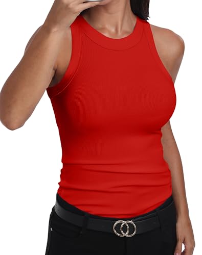 GEMBERA Camiseta sin mangas para mujer, cuello alto, casual, básica, de algodón, acanalada, ajustada, Rojo, S