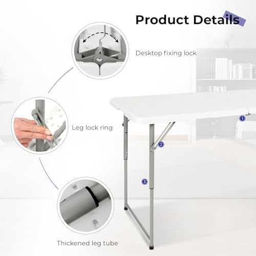 Image of Byliable Folding Table 4 Foot Portable Heavy Duty Plastic Fold-in-Half Utility Table Small Indoor Outdoor Adjustable Height Folding with Carrying Handle, Camping and Party,White