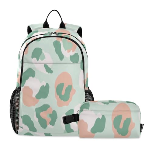 susiyo 2 in 1 Backpack Set with Insulated Lunch Bag Pastel Mint Green Leopard Pattern School Bags for Kids Travel School Backpack Set for Boys Girls Teens adult