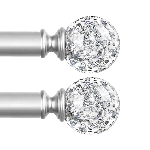Image of TVWOO Silver Decorative Crystal Curtain Rods 2 Pack:18-45"Heavy Duty Adjustable Window Curtains Rods for Bedroom Living Room,Nickel Modern Girly Acrylic Drapery Rod Set with Sheer Bling Foil Finials