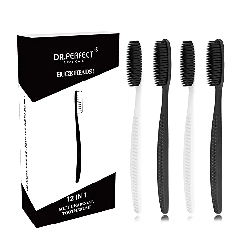 DR.PEFECT Medium Soft Charcoal Toothbrush Large Long Head 4.5 Inches Pack of 12 (6 Black 6 White)