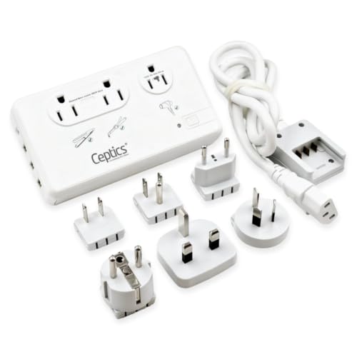 Image of Ceptics 220V to 110V Travel Voltage Converter for Hair Dryer, 2000W & 200W outlets for Dryers, Curling Iron, Straightener, Chargers, Step Down, 4 USB Ports (1x USB-C) with 6 SWadApt attachments