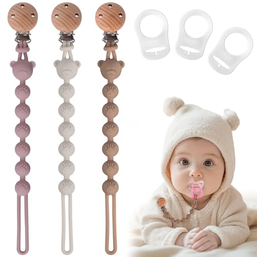 EARLY MINDS 3er-Pack Schnullerketten Aus Silikon, Einteiliges Design Schnullerkette für Baby, Schnullerkette Silikon für Mädchen & Jungen, BPA-frei, Elastisch und Robust (Rosa Sand Hellgrau)